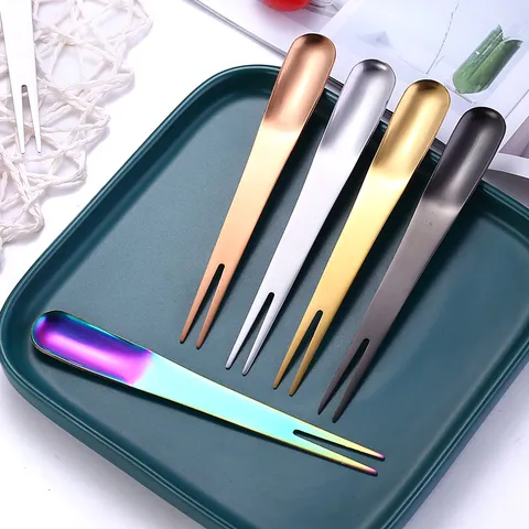 Creative Stainless Steel Fruit Fork Spoon Integrated Two-in-One Dessert Salad Cake Fork Mirror Polished Multi-Color Party Cutlery