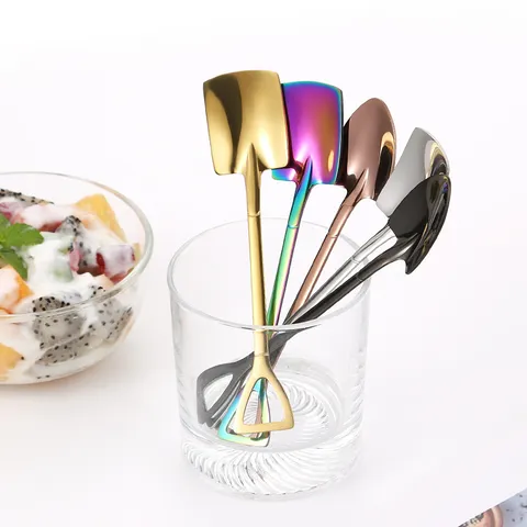 Creative Stainless Steel Shovel Spoon Mirror Polished Ice Cream Dessert Watermelon Spoon Coffee Cake Spoon Novelty Cute Flat Pointy Tableware Spoon For Home Restaurant Shop