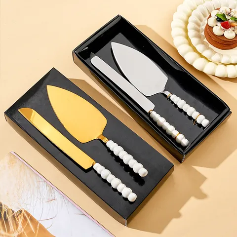 Light Luxury Ceramic Pearl Handle Stainless Steel Cake Knife Server Set Gold Silver Pizza Shovel Dessert Tableware