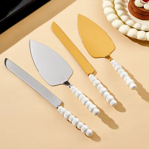 Light Luxury Ceramic Pearl Handle Stainless Steel Cake Knife Server Set Gold Silver Pizza Shovel Dessert Tableware