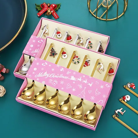 Juego de Cucharas de Acero Inoxidable de Navidad Colgante Creativo Cuchara de Postre de Café Diseño Papá Noel Árbol Alce Vajilla