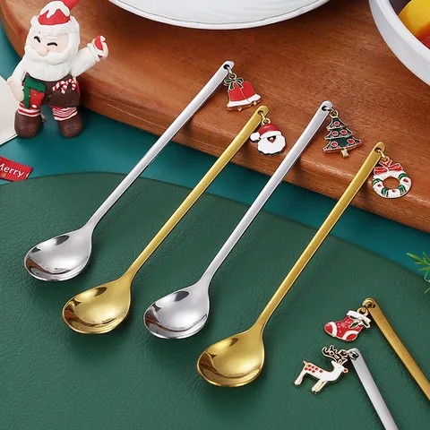 Juego de Cucharas de Acero Inoxidable de Navidad Colgante Creativo Cuchara de Postre de Café Diseño Papá Noel Árbol Alce Vajilla