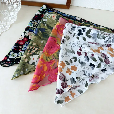 Vintage Polyester Blumenmuster Großes Dreieckstuch Stirnband Für Damen Sommer Wellenkante Bandana Haarschal Kopfschmuck Zubehör