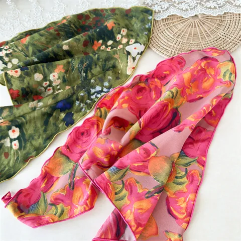 Vintage Polyester Blumenmuster Großes Dreieckstuch Stirnband Für Damen Sommer Wellenkante Bandana Haarschal Kopfschmuck Zubehör