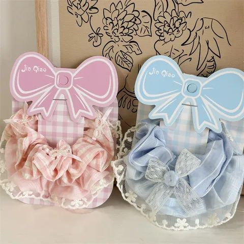 Sweet Fabric Plaid Scrunchie With Lace Edge Bow Artificial Pearl Decoration Hair Tie For Women Girls Student Styling Accessory
