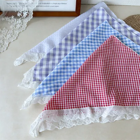 Pastoral Kariert Polyester Kopftuch Mit Spitzenborte Vintage Haartuch Dreieck Kopfbedeckung Für Damen Lässig Täglich Foto Requisiten
