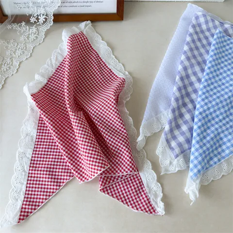 Pastoral Kariert Polyester Kopftuch Mit Spitzenborte Vintage Haartuch Dreieck Kopfbedeckung Für Damen Lässig Täglich Foto Requisiten
