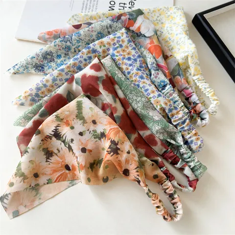 Korean Vintage Women Chiffon Floral Tie-Dye Triangle Kerchief Headband Elastic Band Hair Band Bandana Headwear Styling Accessory