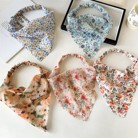 Korean Vintage Women Chiffon Floral Tie-Dye Triangle Kerchief Headband Elastic Band Hair Band Bandana Headwear Styling Accessory