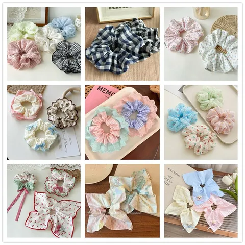Sweet Korean Style Floral Checkered Lace Bow Scrunchies For Women Daily Hair Ties Hair Accessories Cute Ponytail Holder