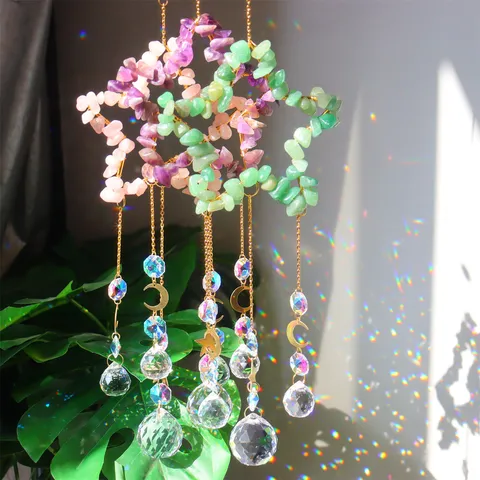 Natural Crystal Crushed Stone Pentagram Wind Chime Hanging Ornament Handmade Gemstone Crystal Ball Sun Catcher Garden Decor