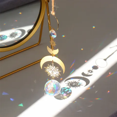 Bohemian Metal Clear Crystal Sun Moon Star Evil Eye Suncatcher Hanging Prism Window Light Catcher Rainbow Maker Pendant Ornament Home Decor