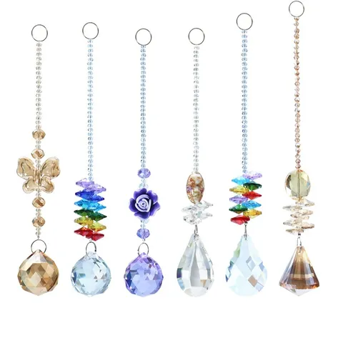 Crystal Suncatcher Hanging Pendant Colorful Geometric Prism Window Ornaments Pastoral Crystal Balls Chandelier Pendant Decoration For Home Garden Party Wedding