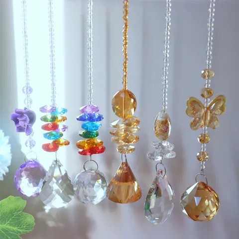 Crystal Suncatcher Hanging Pendant Colorful Geometric Prism Window Ornaments Pastoral Crystal Balls Chandelier Pendant Decoration For Home Garden Party Wedding