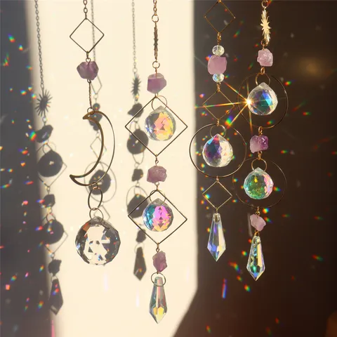 Crystal Suncatcher Wind Chimes Amethyst Hanging Ornament Prism Light Catcher For Garden Home Window Decoration Gift