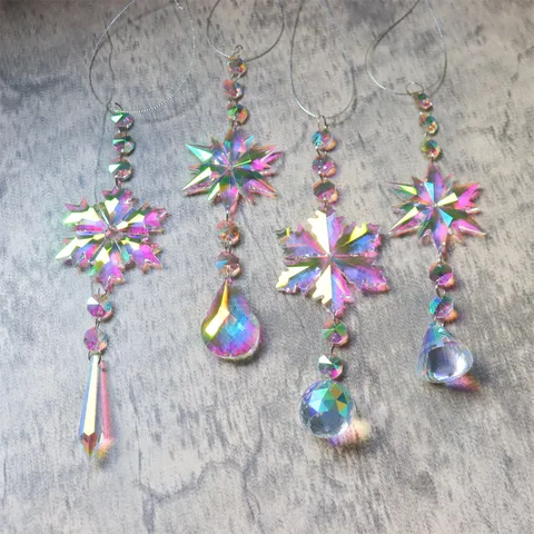 Crystal Snowflake Christmas Tree Hanging Ornament Rainbow Maker Suncatcher Prism For Window Car Decor Multi-Faceted Glass Pendant Gift