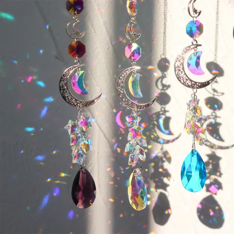 Pastoral White Crystal Suncatcher Star And Moon Zinc Alloy Hanging Ornament Prism Rainbow Reflector Garden Window Decoration Pendant
