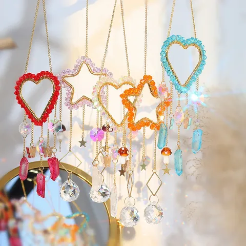 Pastorale Avvolto da Filo Cristallo Suncatcher Prisma Ciondolo Luna Stella Cuore Fatto a Mano Decorazione Appesa per Casa Giardino