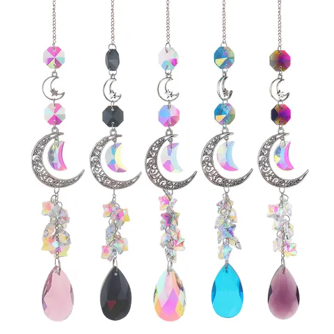 Pastoral White Crystal Suncatcher Star And Moon Zinc Alloy Hanging Ornament Prism Rainbow Reflector Garden Window Decoration Pendant