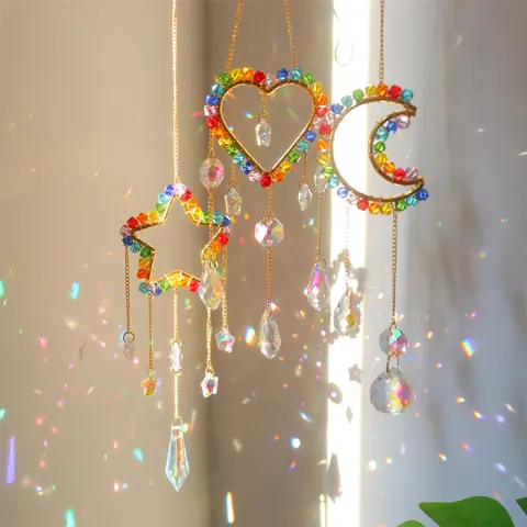 Pastoral Agate Artificial Crystal Suncatcher Hanging Decoration Gold Metal Geometric Prism Rainbow Maker For Window Home Living Room Garden Decor Ornament
