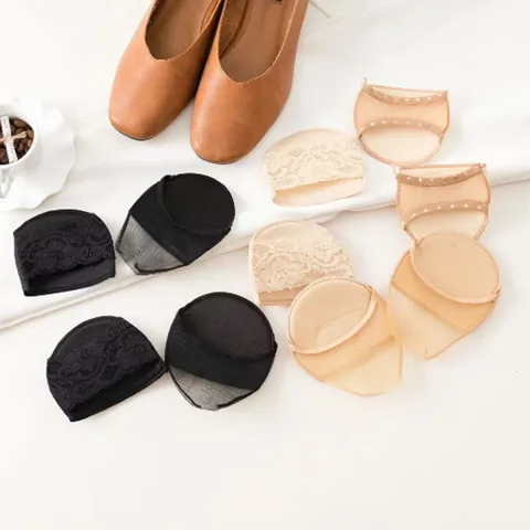 Women Casual Nylon Invisible Half Palm Socks Lace Trim Mesh Breathable Non Slip Forefoot Pads High Heels Socks For Sandals Everyday Wear