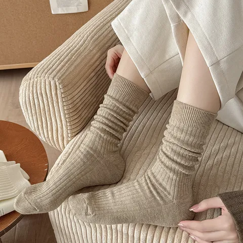 Women Winter Warm Cashmere Wool Blend Thickened Thermal Sleep Socks Solid Color Soft Comfortable Home Hosiery
