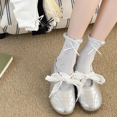 Women Sweet Cute Bubble Cuff Lace Bow Socks Summer Thin Breathable Mesh Short Cotton Socks Japanese Style Casual Hosiery