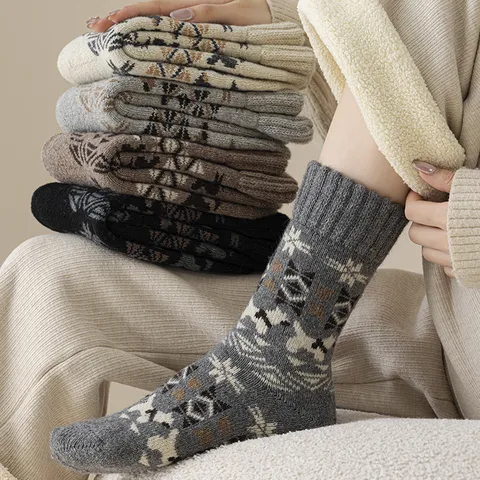 Calcetines de Lana Espesados para Mujer Invierno Cálido Térmico Patrón Retro Calcetines de Media Pantorrilla Cómodos Suaves Ropa de Clima Frío Diario