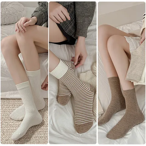 Women's Wool Blend Crew Socks Autumn Winter Warm Thickened Striped Solid Color Casual Daily Fashion Hosiery
