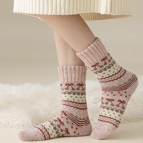 Damen Winter Verdikte Warme Wollmischung Socken Vintage Ethische Geometrische Thermische Socken