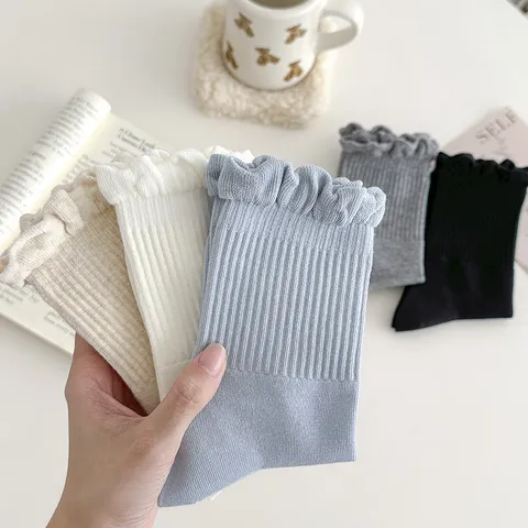 Calcetines Casuales de Puro Algodón de Media Pantorrilla para Mujer Diseño Volantes Transpirable