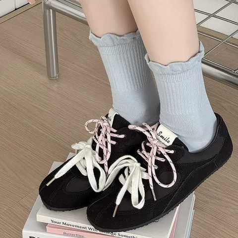 Calcetines Casuales de Puro Algodón de Media Pantorrilla para Mujer Diseño Volantes Transpirable