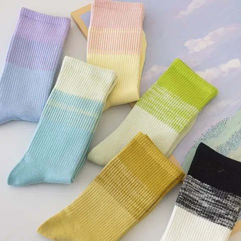 Calcetines De Tubo Con Degradado Para Mujer Puro Algodón Tubo Medio Calcetines Deportivos Coloridos Calcetines De Running Casuales Para Otoño Invierno
