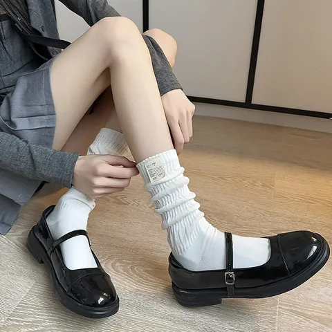 Calcetines Slouch de Algodón Color Sólido Estilo Japonés para Mujer Media Pantorrilla Apertura Acanalada Calcetines Casuales