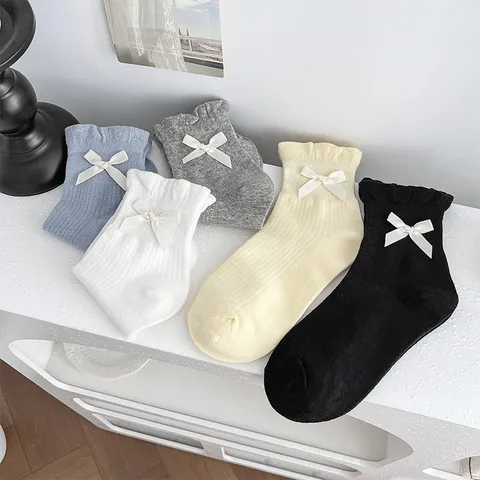 Calcetines Cortos de Pura Algodón para Mujer con Lazo y Puño de Burbuja Lindo Dulce Color Sólido Transpirable Malla Calcetines de Tobillo