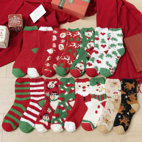 Women Christmas Thickened Coral Velvet Crew Socks Winter Warm Fleece Lined Cartoon Holiday Gift Socks