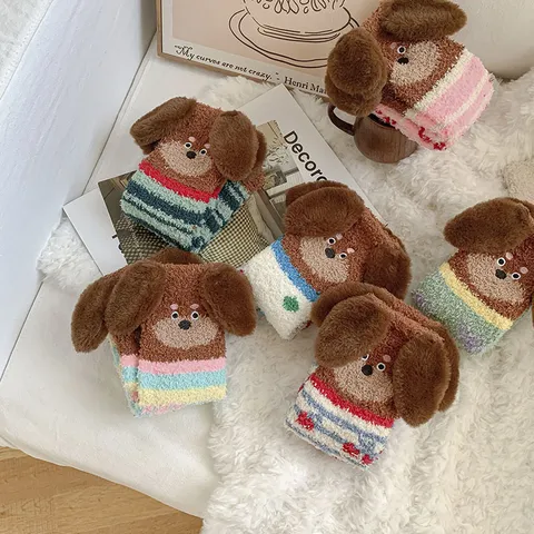 Γυναικείο Χαριτωμένο Σκυλί Dachshund Κούκλα Fluffy Coral Fleece Ζεστό Παχύρρευστο Ύπνος Μεσαίου Σωλήνα Σπίτι Κάλτσες Δαπέδου Χειμώνας Άνετο