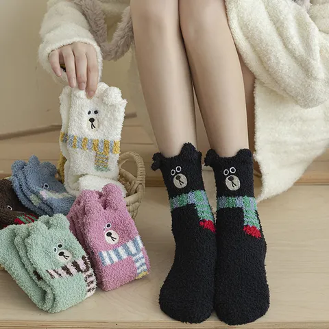 Women's Winter Thickened Coral Fleece Floor Socks Cute Cartoon Bear Embroidery Warm Home Sleeping Socks
