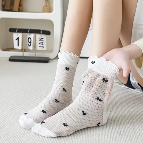 Women Casual Cotton Mesh Breathable Bow Stripe Mid Tube Socks Ruffle Edge Sweet Fashion Everyday Socks