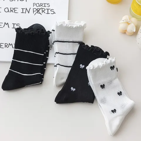 Women Casual Cotton Mesh Breathable Bow Stripe Mid Tube Socks Ruffle Edge Sweet Fashion Everyday Socks