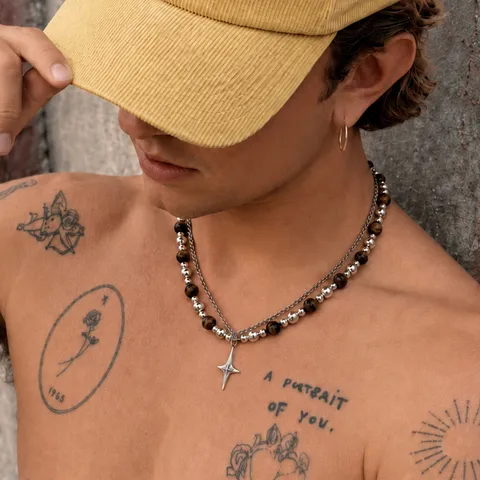 Collier Pendentif Double Rang Étoile Quatre Branches Alliage Pierre Œil Tigre Homme Hip Hop Occidental Punk Perles Bijoux