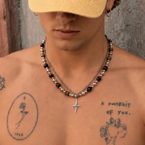 Collier Pendentif Double Rang Étoile Quatre Branches Alliage Pierre Œil Tigre Homme Hip Hop Occidental Punk Perles Bijoux