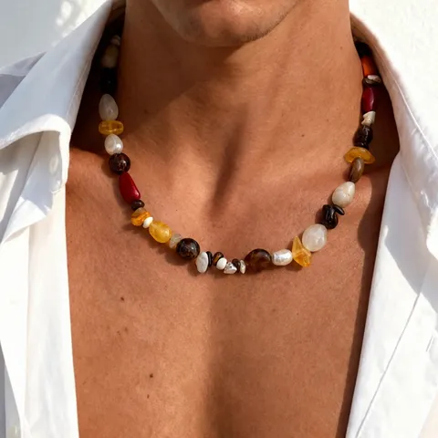 Uomo Vintage Pietra Naturale Collana a Perline Colorata Resina Giunzione Stile Dopamina Retro Choker Con Perle Artificiali Gioielli