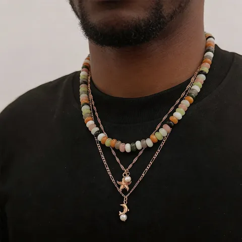 Collana Bohémien con Perline Colorate per Uomo Hip Hop Oro Lega Stella Marina Ciondolo Perla Artificiale Collana a Strati Gioielli da Spiaggia