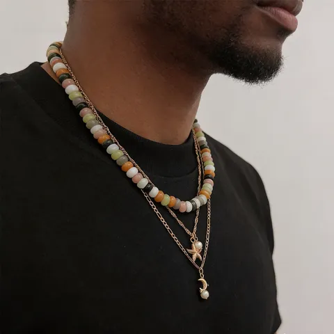 Collana Bohémien con Perline Colorate per Uomo Hip Hop Oro Lega Stella Marina Ciondolo Perla Artificiale Collana a Strati Gioielli da Spiaggia
