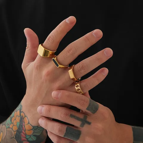 Bagues en Acier Inoxydable Or pour Hommes Minimalistes Ensemble de Bagues Géométriques Lisses Chaîne Ouvertes Ajustables Bijoux Mode