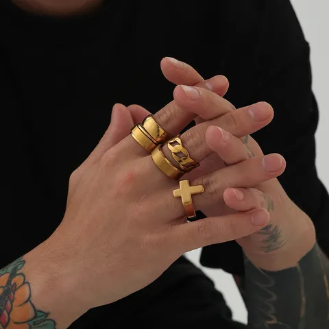 Bagues en Acier Inoxydable Or Vintage pour Hommes Croix Chaîne Géométrique Anneaux Creux Mode Punk Bijoux Accessoires