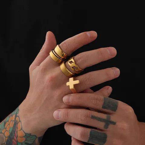 Bagues en Acier Inoxydable Or Vintage pour Hommes Croix Chaîne Géométrique Anneaux Creux Mode Punk Bijoux Accessoires