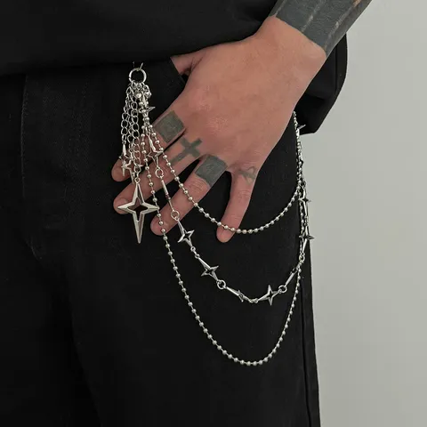 Hip Hop Multi-Layered Four-Pointed Star Pant Chain For Men Punk Metal Wallet Key Chain Waist Chain Jewelry For Jeans