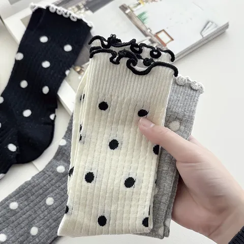 Women Polka Dot Mesh Breathable Ruffled Crew Socks Summer Thin Cotton Ballet Style Sweet Mid Tube Slouchy Hosiery White Black Gray